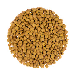 dry pet food isolated on white background. close up. top view. blank for designers