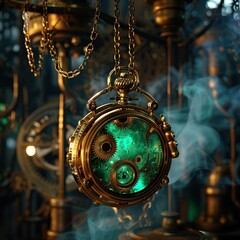 Steampunk Infinity Gear Locket, emitting a warm golden and emerald glow