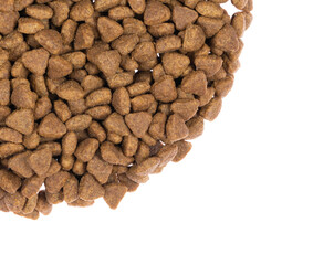 dry pet food isolated on white background. close up. top view. blank for designers