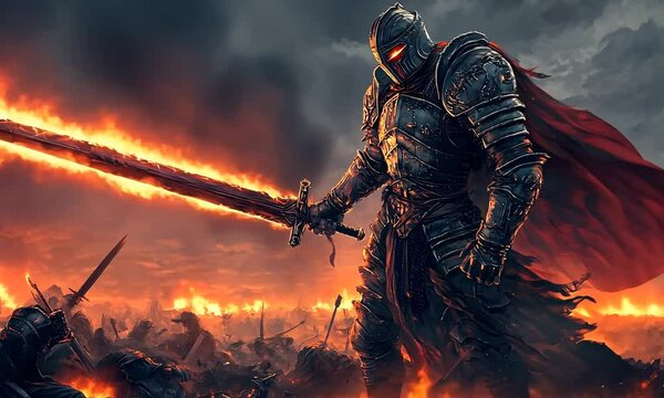 A fierce knight stands amidst a fiery battlefield, wielding a glowing sword, embodying strength and valor in a dramatic, apocalyptic setting.