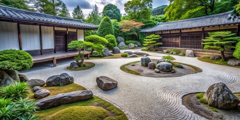 Serene Minimalist Japanese Garden Featuring Tranquil Pathways, Zen Elements, and Lush Greenery for a Perfect Escape into Nature's Embrace