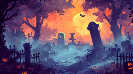 Obraz premium Misty Graveyard cartoon halloween background