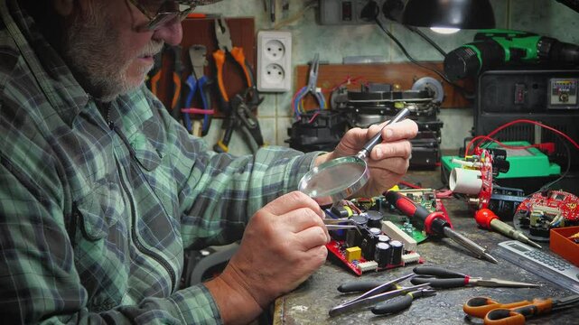 An old master repairs computer components in a workshop. Using a soldering iron and other tools, he repairs and adjusts broken electronics.