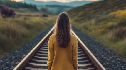 Woman in yellow jacket standing centered on railway tracks with golden grass and autumn scenery stretching into distance