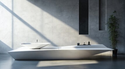 Futuristic 3D-rendered display platform, with sharp geometric lines, ideal for showcasing products in a sleek setting