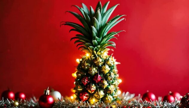 ineapple decorated like a Christmas tree on a solid red background with copy space. Motion animation