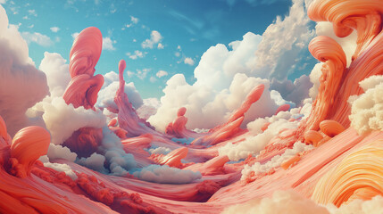 Surreal Dreamlike Landscape with Cotton Candy Clouds and Soft Pastel Fantasy Elements