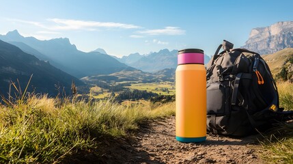 Vibrant Insulated Water Bottle and Backpack Against Stunning Mountain Landscape with Clear Blue Sky and Lush Green Valley Ideal for Adventure and Outdoor Activities