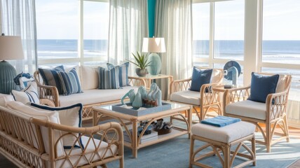 Coastal-Themed Living Room with Nautical Decor, Ocean Views, and Relaxed Wicker Seating
