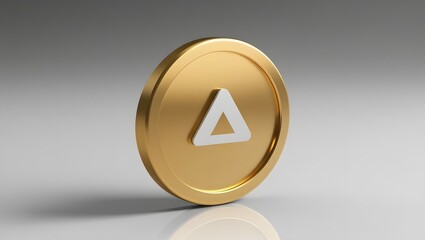 Golden coin icon with 3D white triangle inside isolated on white background.