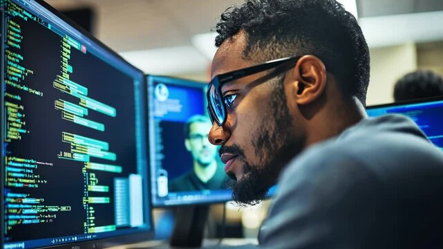 Machine learning specialist developing and testing complex algorithms on high-performance computers in a tech lab.