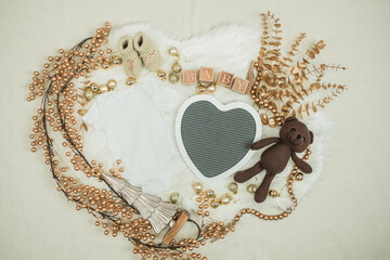 Flat lay image featuring a holiday-themed pregnancy announcement arrangement, perfect for celebrating a new addition to the family during the festive season. 