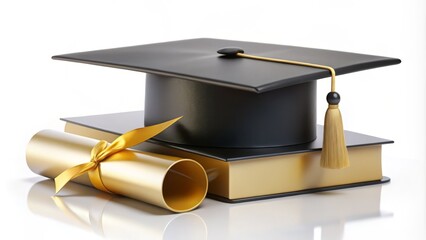 Stunning 3D Graduation Cap with Diploma Scroll Celebrating Academic Achievement in Black and Gold Isolated on White and Transparent Background Perfect for Graduation Announcements