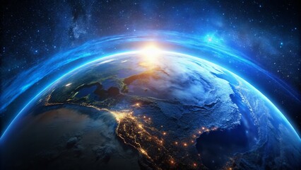 Fototapeta premium Stunning Aerial View of a Partially Illuminated Blue Earth in Space Showcasing Its Beautiful Landmasses and Oceans Against the Dark Backdrop of the Universe 