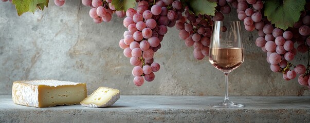 Fototapeta premium Elegant still life with pink grapes, wine glass and cheese