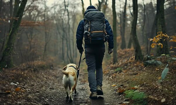 A person walks a dog along a muddy trail in a forest, surrounded by autumn foliage, suggesting a peaceful outdoor adventure.