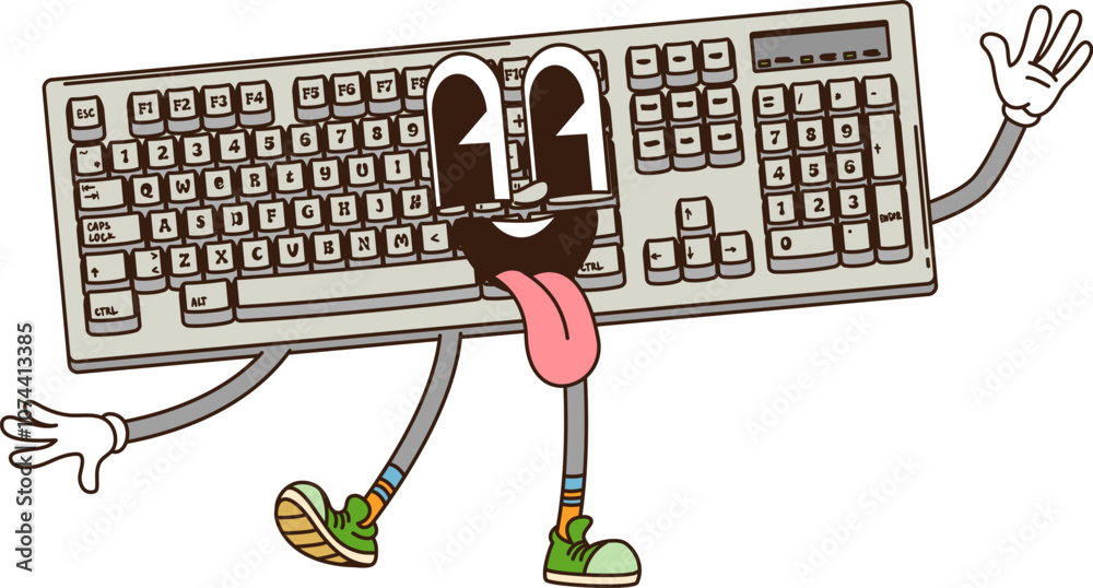 Poster Cartoon groovy computer keyboard retro character with expressive eyes, sticking out its tongue and waving hand. Isolated vector playful technology personage with a funky vibe and cheerful expression