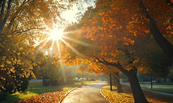 A serene autumn scene showcasing vibrant orange leaves illuminated by sunlight, casting a warm glow over a peaceful pathway lined with trees.