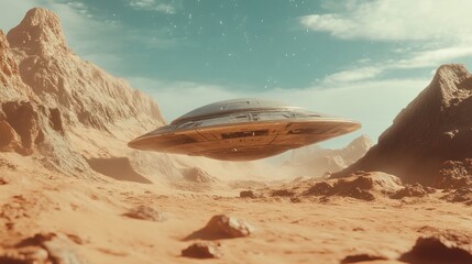 UFO Hovering Over Rocky Desert Terrain on an Alien Planet - Futuristic Spaceship with Natural Landscape