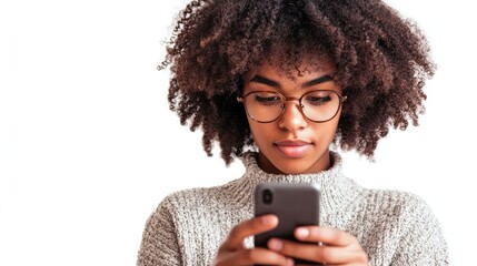 A young woman with curly hair and glasses looks intently at her phone.
