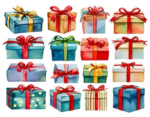 Colorful gift boxes with bows in a variety of designs