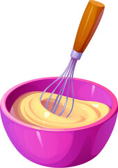 Whisk and cream whipping for food cooking process and preparation, vector icon. Whisking cream or sauce with whisk and bowl, baking kitchenware or bakery utensil appliance for pastry preparation
