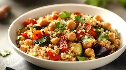 A bowl of quinoa with roasted vegetables and chickpeas, a healthy and flavorful meal.