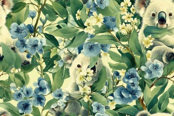 Watercolor seamless pattern with cute koala bears hiding in the foliage of eucalyptus trees with blue and white flowers.