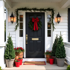 the front door is decorated for Christmas with bows and decorative fir branches, garlands, fir trees, gifts