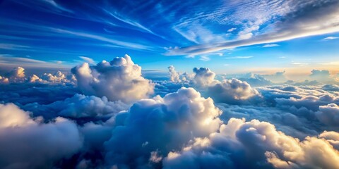 Fototapeta premium Tranquil Aerial View of Fluffy White Clouds Against a Bright Blue Sky, Capturing the Serenity of Nature's Cloudscape in Low Light Photography for Peaceful Landscapes