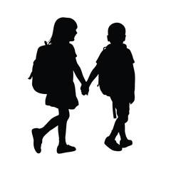 a sibling are going to school holding hands together vector silhouette