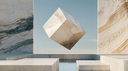 geometric 3D isometric model of a floating minimalist cube