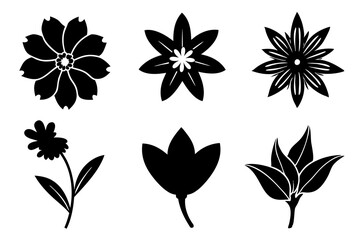 6 vector silhouette icon set of Edelweiss, Hollyhock, Tuberose, Indian Paintbrush, Forget-me-not, Calendula