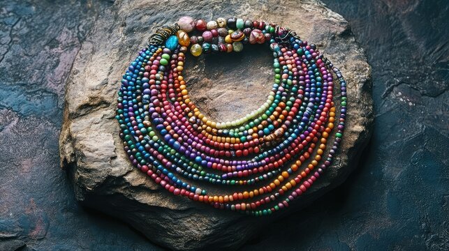 Colorful beaded necklace on a rock, perfect for adding a touch of bohemian flair to any outfit.