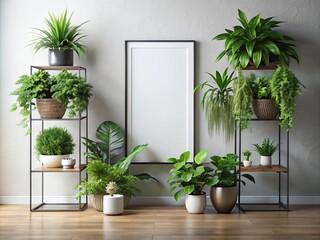 Fototapeta premium Vertical Metal Frame Poster Mockup with Plants in Vase on White Wall - 3D Rendering for Interior Design Inspiration and Home Decor Ideas