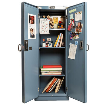 A personalized school locker with photos, notes, and decorations on the inside door, filled with textbooks and personal items, isolated on transparent background