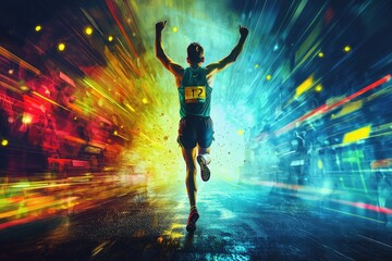 Obraz premium Dynamic Action Shot of Marathon Runner with Arms Raised Celebrating Victory in a Vibrant
