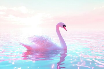 Naklejka premium Ethereal Swam in Holographic Waters, Gracefully Floating Under Illuminating Colors of a Dreamy Sky at Sunrise