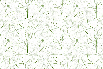 Obraz premium Sketch microgreen seeds vector illustration. Seamless pattern with young leaves seedlings. Broccoli raw microgreens sprouts, healthy eating concept.