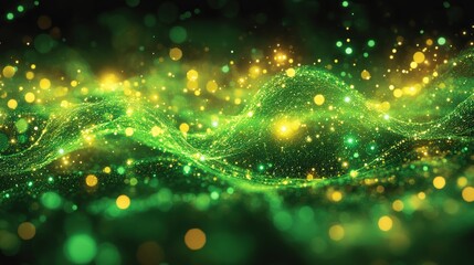 Sparkling Green Wave with Glowing Particles Creating a Magical Atmosphere of Light and Color in an Enchanting Abstract Background