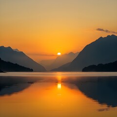 Fototapeta premium Golden Glow: Sunset Over a Peaceful Lake with Mountain Backdrop