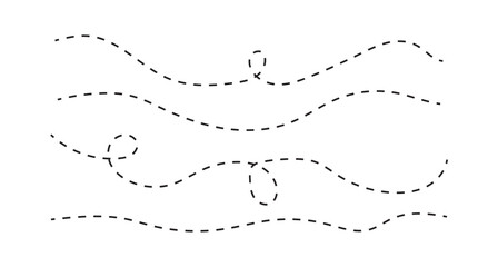 Path travel dotted line trip dashed trace transportation track and silhouette, travelling symbol vector illustration