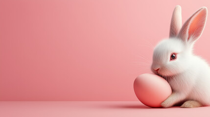 Fototapeta premium White bunny holding pink Easter egg on pastel background, copy space