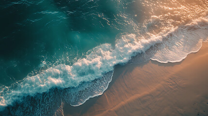 Fototapeta premium Gentle waves rolling onto a sandy beach, with clear turquoise water reflecting the sunlight and creating a peaceful scene 