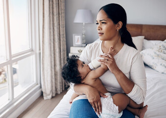 Woman, baby and bottle of milk for feeding, nutrition and bone development for infant at home....