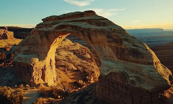 A stunning view of a natural rock arch illuminated by the warm glow of sunset, surrounded by rugged terrain and a winding path, showcasing the beauty of nature's formations.
