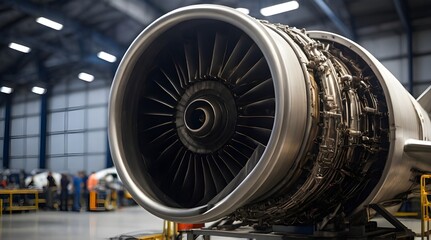 Obraz premium A closeup view of an aircraft jet engine turbine.generative.ai 