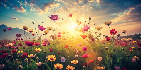 Fototapeta premium Vibrant Heart-Shaped Flowers Blooming in a Field of Love and Joy, Capturing the Essence of Nature's Beauty and Emotions in Vintage Style Photography