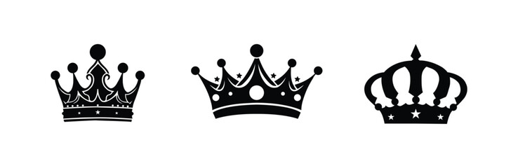 Crown vector collection, royal luxury symbols, black crown silhouettes, diverse crowns designs, isolated on white background, symbolizing power, authority, vector illustration.