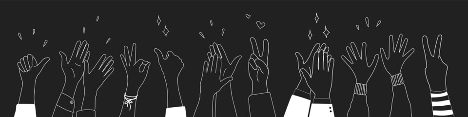 Doodle sketch hands up gestures comic icons silhouettes vector set. Group of line art fun comic hands in the air. Voting or happy congratulation audience recognition symbols.